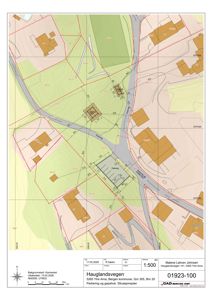 Situasjonsplan som viser tomtens beliggenhet, nabotomter, vegnett, topografi (konturlinjer) og arealbruk.