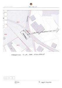 Eierligningskart som viser eiendomsgrenser, vegforhold og en håndskrevet notat om parkeringsplassering.