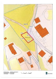 Situasjonsplan som viser eiendomsgrenser, areal (20,01 m²), parkeringsområde, veier og nabolag.