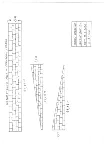 Tegning som viser detaljert oppriss av en natursteinsmur med angitte høyder og dimensjoner.