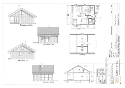 Fasadetegning med utsnitt av bygning sett fra fire sider (vest, sør, øst, nord) samt et snitt.