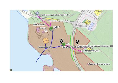 Situasjonsplan som viser tomtens grenser, naboeiendommer, veier og bygninger.