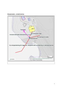 Situasjonsplan som viser tomtetoppografi, plassering av bygninger (hytter), og infrastruktur som avløpsledninger og tilknytning til slamutskiller.