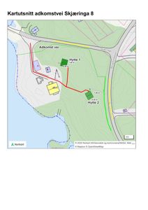 Kartutsnitt som viser to hytter (Hytte 1 og Hytte 2) på en tomt med tilhørende vegnett og topografi.