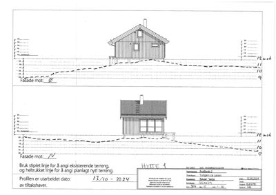 Fasadetegning med oppriss av en hytte sett fra fronten, inkludert terrengprofil og høydeangivelser.