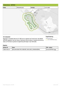 Kart som viser et kulturmiljø eller bygningssituasjon med områder markert.