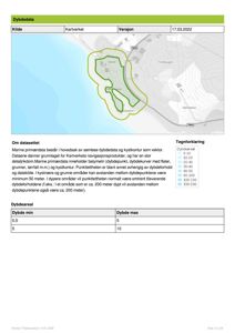 Et kart som viser dybdekart over et kystområde med fargekoding for ulike dybder.
