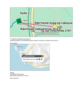 Bildet viser et kart med topografi, vegsystem og nabogrenser, samt en utskrift av en vegsystemreferanse. Dette er typisk for en situasjonsplan eller et kart vedlegg i en byggesak.