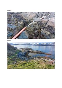 To fotografier av et kystlandskap med fjell, vann og en oransje pipe som ligger på steinene.