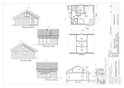 Bildet viser en tegning med fasadeopprikk (fra nord, øst, sør og vest) samt et snitt av bygningen.