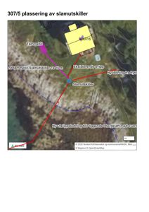 Kart som viser plassering av slamutskiller i forhold til eksisterende avløp og ny ledning.