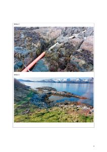 To fotografier av et kystlandskap med fjell, vann og en oransje pipe i bakgrunnen.