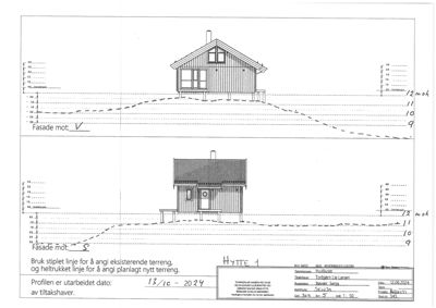 Fasadetegning som viser bygningens utseende sett fra fronten, med høydeangivelser og terrengprofil.