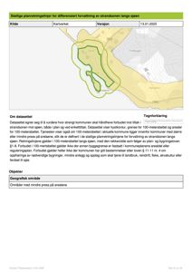 Et kart som viser statlige planretningslinjer for forvaltning av strandsone langs sjøen, inkludert et kartverk med områder og grenser.