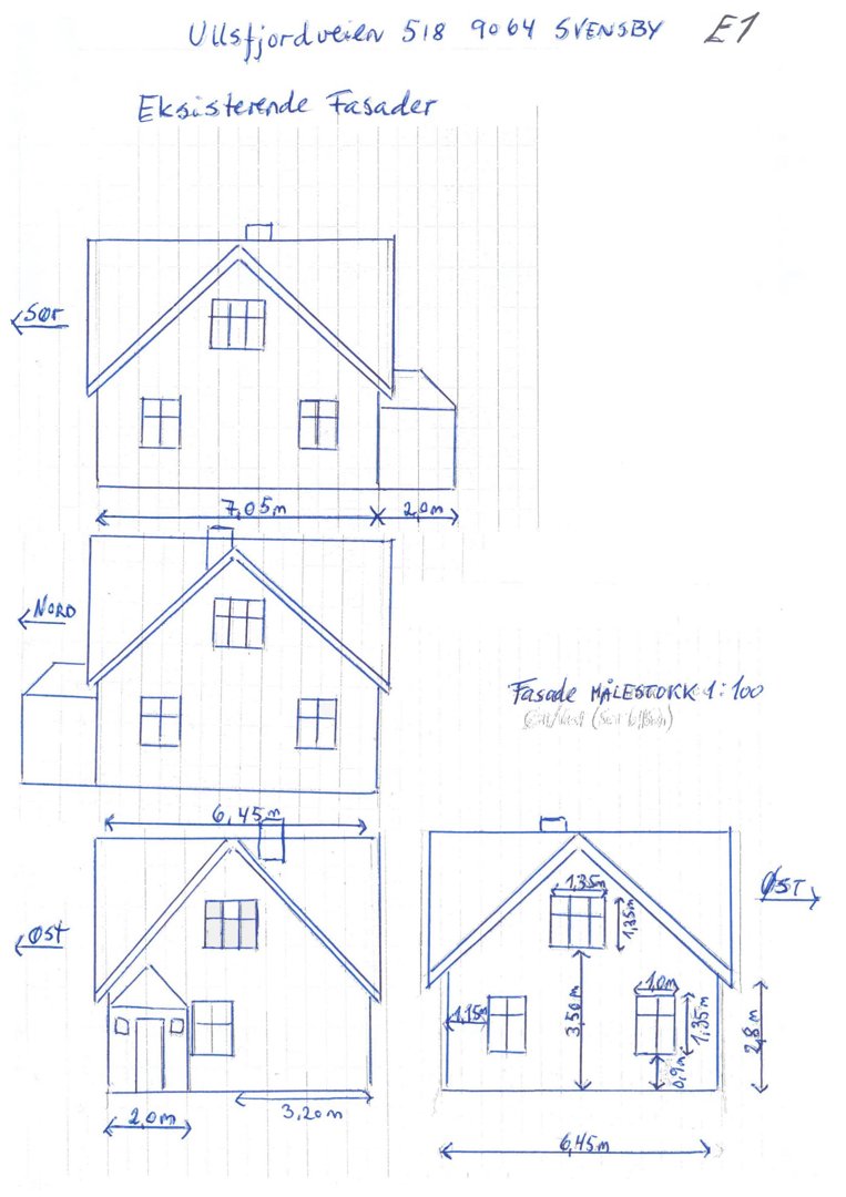 Håndtegnet fasadeoppsett for eksisterende hus med mål på alle sider (N, S, Ø, V) og vinduene.