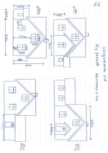 Håndtegnet fasadeopprikk (Ny fasade) med mål og orientering (N, S, Ø, V).