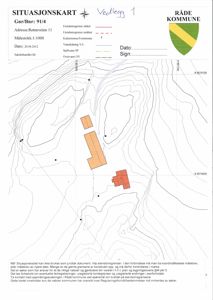Situasjonskart som viser eiendomsgrenser, topografi og bygningsplassering for Rotneveien 11.