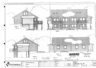 Fasadetegning som viser fire ulike sider (Fasade 1-4) av et planlagt hus med detaljer om balkonger, vinduer og tak.