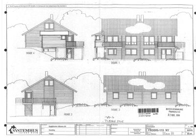 Fasadetegning som viser fire ulike vinkler (Fasade 1-4) på en bolig med tak og grunnplan.