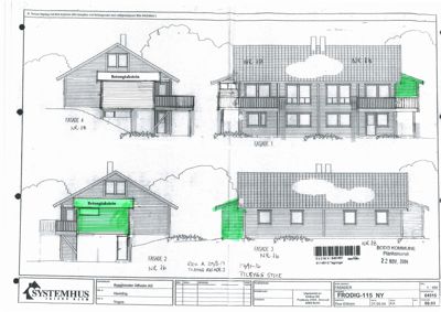 Fasadetegning som viser fire ulike sider (Fasade 1-4) av en planlagt bygning med detaljer om materialer og utforming.