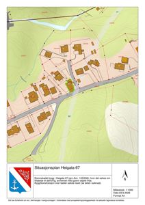 Situasjonsplan for Heigata 67 som viser tomtens beliggenhet, nabolag, veier og terrengforhold.