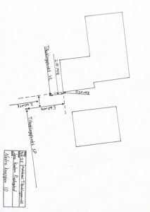 En håndtegnet teknisk detaljtegning som viser tilkoblingspunkter (VL og SP) med angitte avstander (2.10 MTR, 2.40 MTR, 5.60 MTR, 0.20 MTR) og en tabell med prosjektinformasjon.