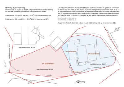 Situasjonsplan som viser grensejustering mellom to eiendommer (bruksnummer 38/172 og 38/206) med oppgitt arealer, matrikkelnummer og en forklarende tekst.