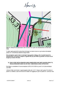 Bildet viser en utklipp fra en situasjonsplan som illustrerer eiendomsgrenser, eksisterende vegger (MUR 2 og MUR 3) og et planlagt gjerde. Det er også inkludert tekst som forklarer forholdene.