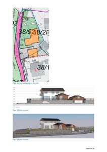 Bildet viser en fasadetegning (Figur 13) og en rendering (Figur 14) av et hus sett fra siden, samt en situasjonsplan (Figur 12).