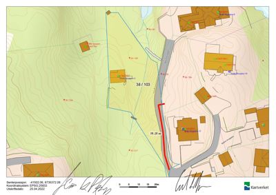 Situasjonsplan som viser tomtens beliggenhet i terrenget, nabolag, høydeforhold (konturlinjer) og grenser.