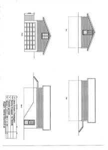 Fasadetegning som viser bygningens utsyn fra fire sider (Vest, Sør, Øst, Nord) med mål og detaljer.