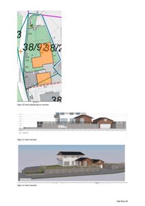 Bildet viser en situasjonsplan (Figur 10) med plassering av mur, samt fasadeopprikk (Figur 11) og en rendering (Figur 12) som illustrerer bygningens utseende i forhold til terrenget.