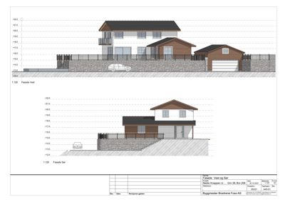 Fasadetegning som viser bygningens utseende fra vest og sør, inkludert høydeangivelser (NPN) og detaljer om fasadematerialer.