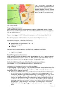 Et situasjonskart eller et oversiktskart som viser eiendomsgranser, reguleringsplaner (rødt område), byggeforbud (gult område) og infrastruktur (blå linjer for veier/ledninger).