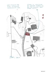 Kartutsnitt som viser tomtedeling, eiendomsnummer og bygningsplassering i Fjell kommune.