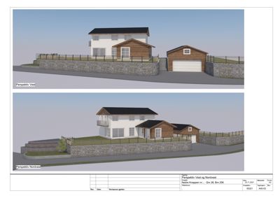 3D-perspektivtegning (rendering) av en planlagt bolig og garasje sett fra vest og nordvest.