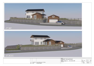 3D-perspektivtegning (rendering) av en planlagt bolig og garasje, vist fra vest- og nordvest-siden.