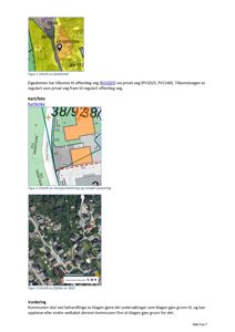 Dokumentet inneholder tre kartbilder (plankart, situasjonsplan og flyfoto) som viser eiendomsgrenser, vegforhold og nabolagsoversikt.