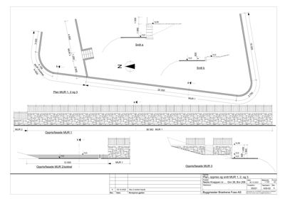 Tegning som viser snitt (Snitt a og b) og oppriss/fasadetegning (Oppriss/fasade) av en steinmur (MUR 1, 2 og 3) med detaljerte mål og konstruksjonsdetaljer.