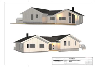 3D-visualisering av en planlagt bolig sett fra to ulike vinkler.