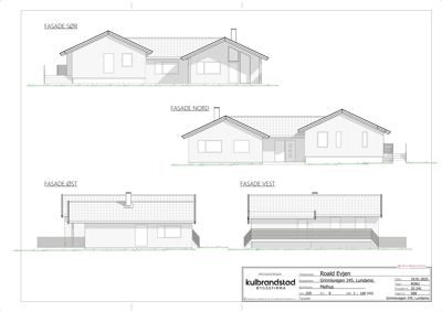 Bildet viser en tegning med fasadeopprikk for en bygning sett fra fire sider (Sør, Nord, Øst, Vest).