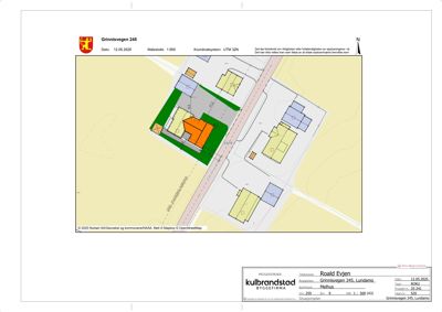 Situasjonsplan som viser bygningens plassering i forhold til naboeiendommer og veier.