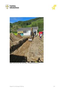 Fotografi av en arkeologisk utgravning med en graveringsmaskin og en bygning i bakgrunnen.