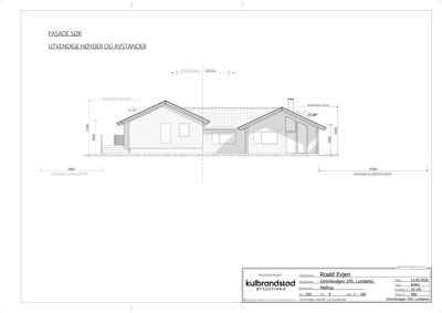 Fasadetegning som viser utvendige høyder og avstander for en bolig.