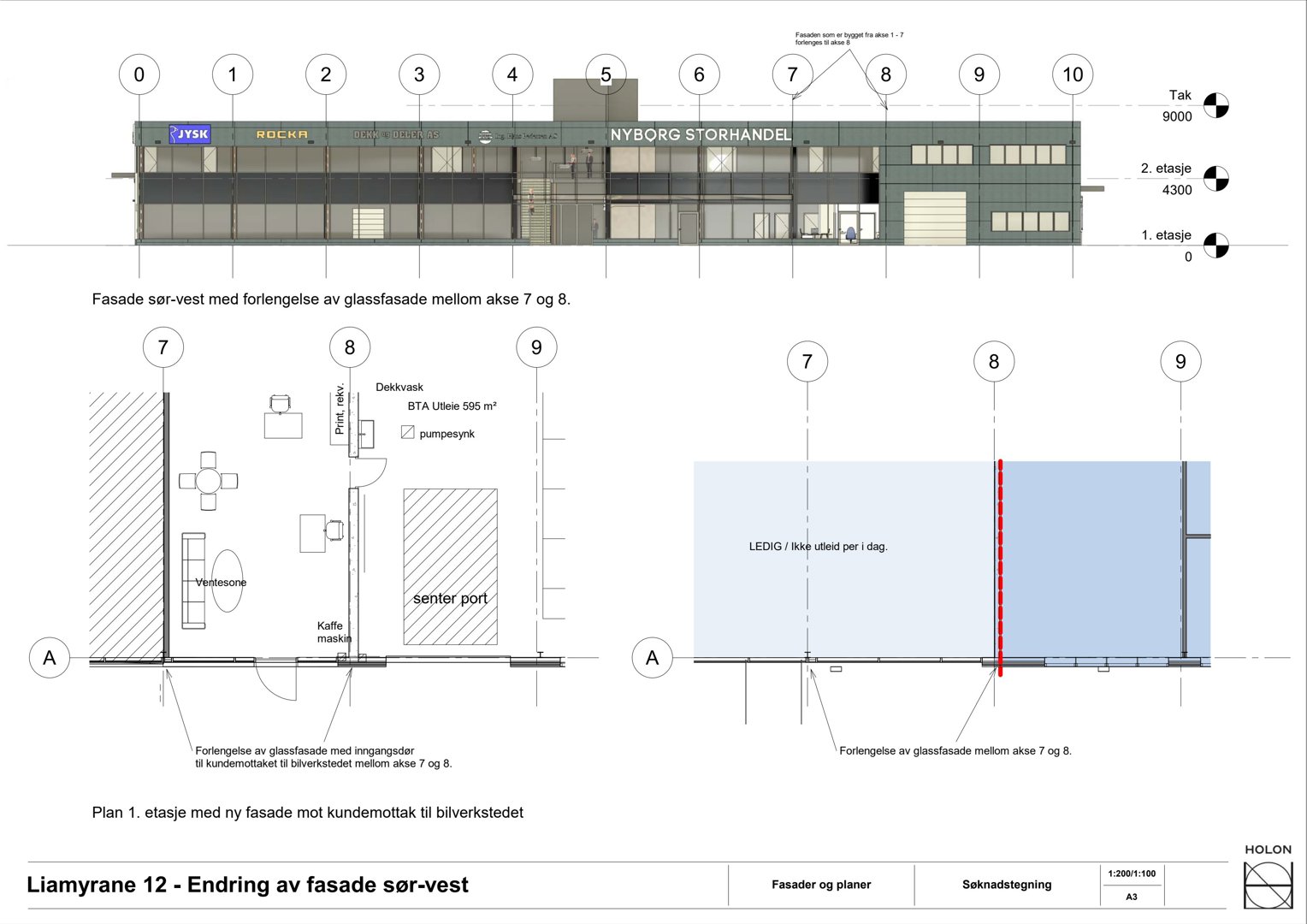 Fasadetegning som viser etasjer, akselnummer og detaljer for en forlengelse av glassfasade.