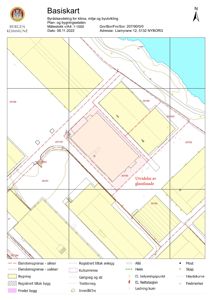 Basiskart (situasjonsplan) som viser eiendomsgrenser, bygninger, vegnett og planlagte tiltak for en byggesak.