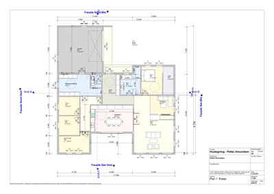 Etasjeplan (Plan 1) for en husetgning, som viser romfordeling, dimensjoner og orientering.