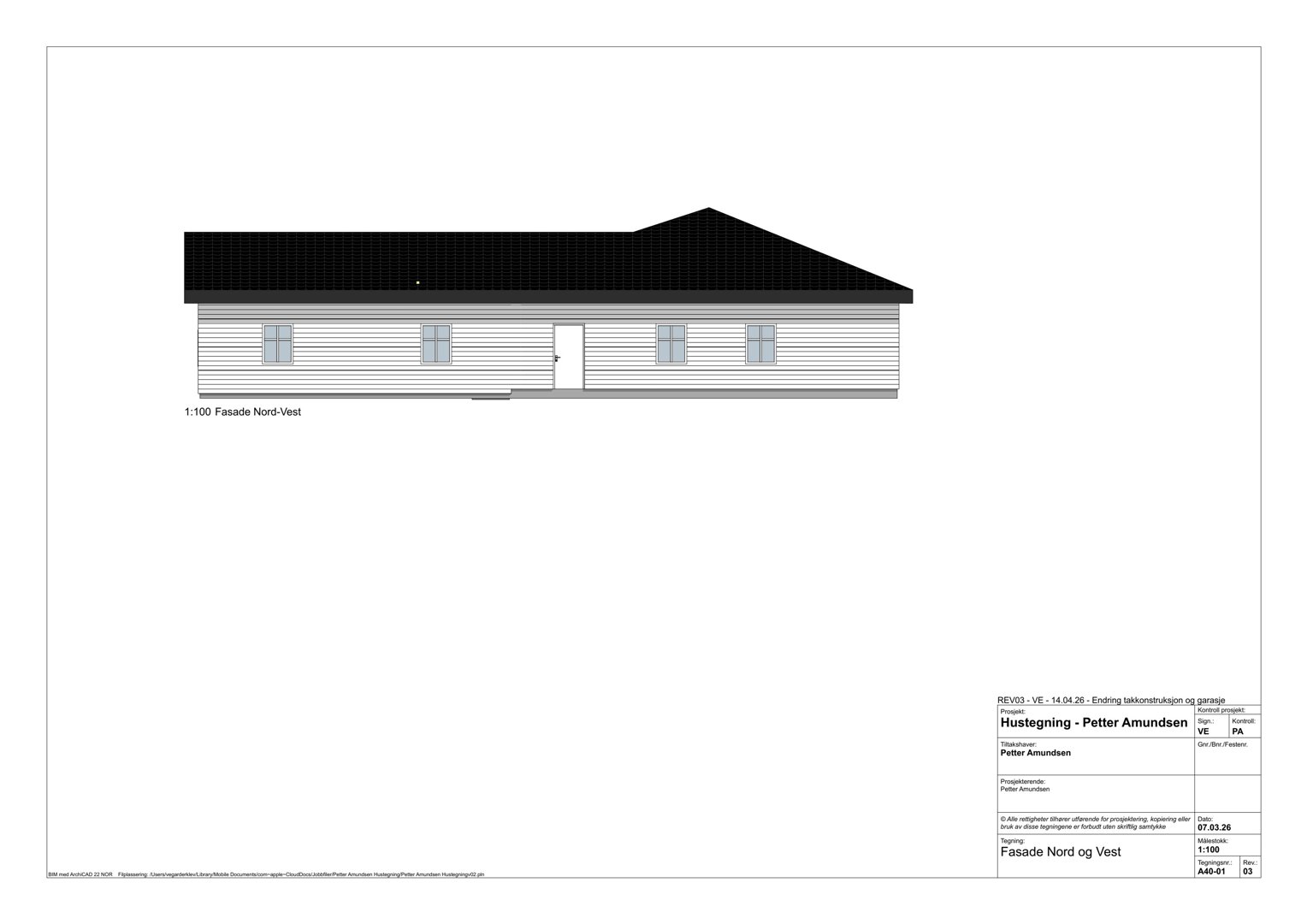 Fasadetegning (opprikk) av en husbygning sett fra nordvest.