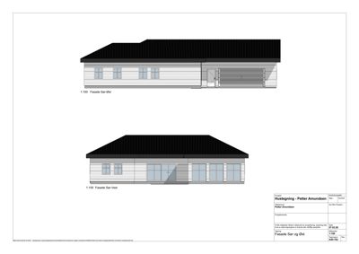 Fasadetegning som viser oppriss av huset sett fra sør og vest.