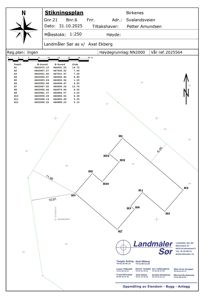 Stikningsplan som viser stikningspunkter (H1-H12) med koordinater og høyder for en tomt i Birkenes.